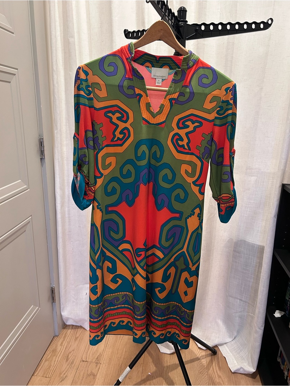 Donna Morgan Bold Multicolor Geometric Midi Dress - Green Orange Teal